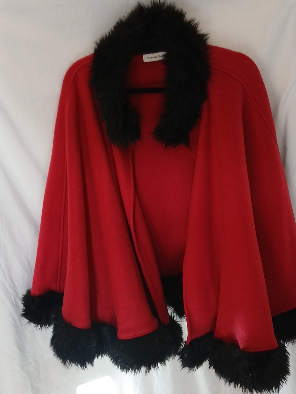 Amanda Smith Red Cape-Style Poncho with Black Faux-Fur Trim